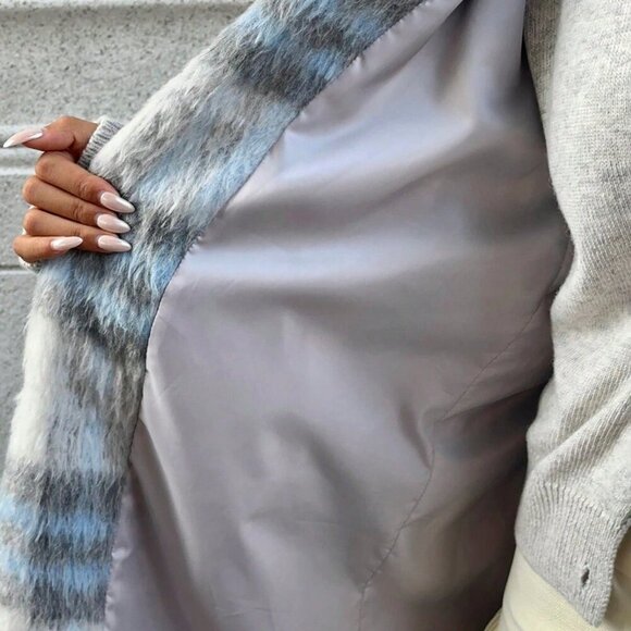 Blue And White Casual Women's Plaid Lined Coat - Picture 7 of 7